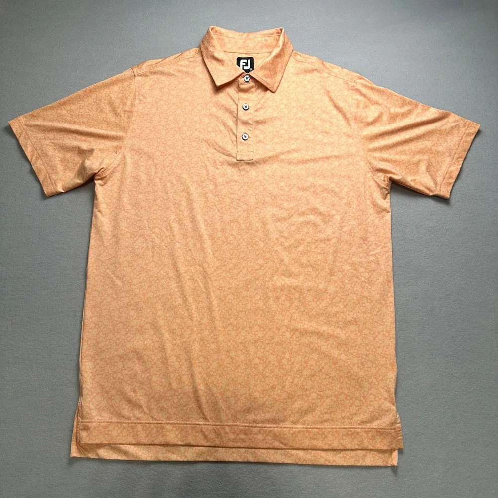 FootJoy Polo Shirt Mens Medium Orange Floral Performance Golf Short Sleeve